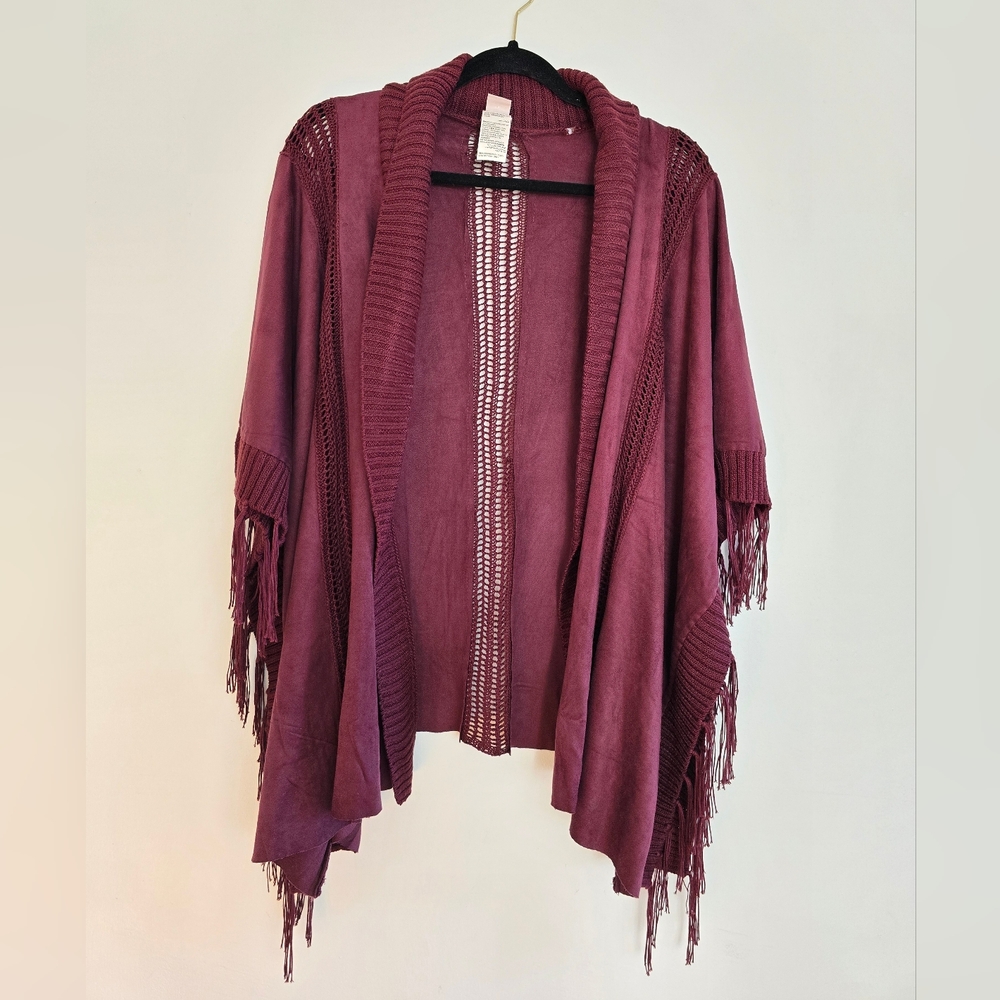 Chicos Womens Cardigan Faux Suede Crochet OS Fringe Burgundy Open Front